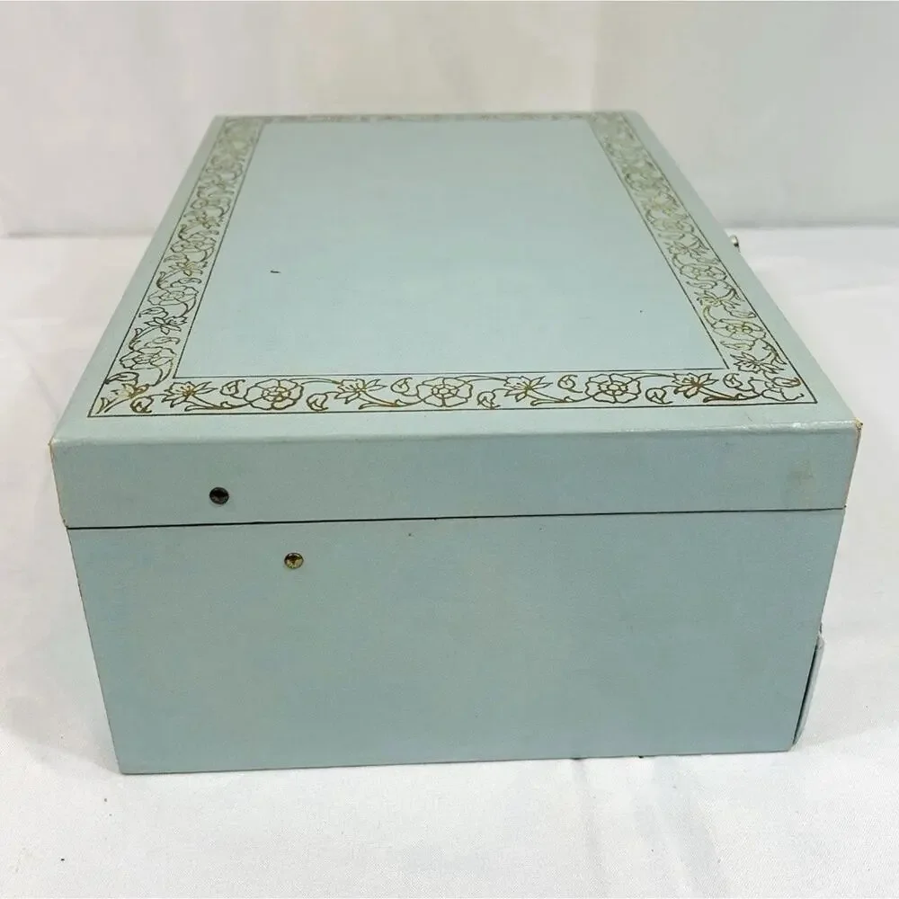 Vintage Lady Buxton Style Jewelry Box Chest MCM Blue Faux Leather Velvet Lined